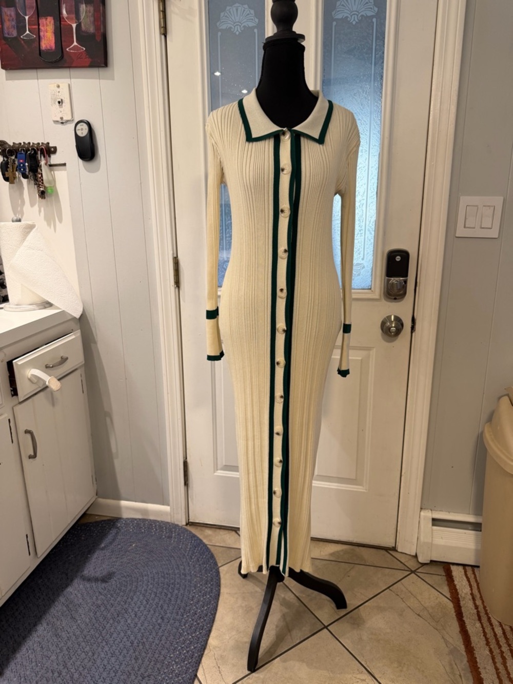 Cream Ribbed Maxi Dress with Green Trim and Button Front